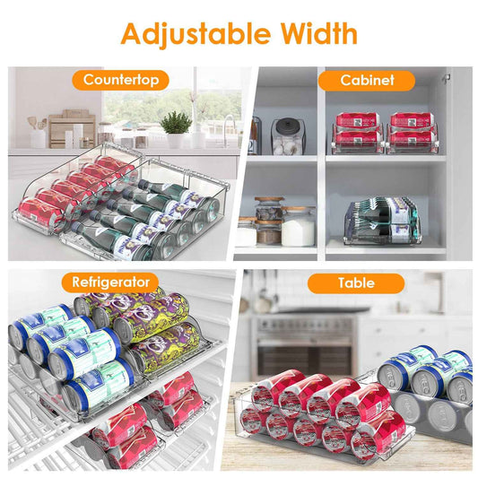 Adjustable 4-Pack Clear Soda Can Organizer – Fridge & Pantry Drink Dispenser