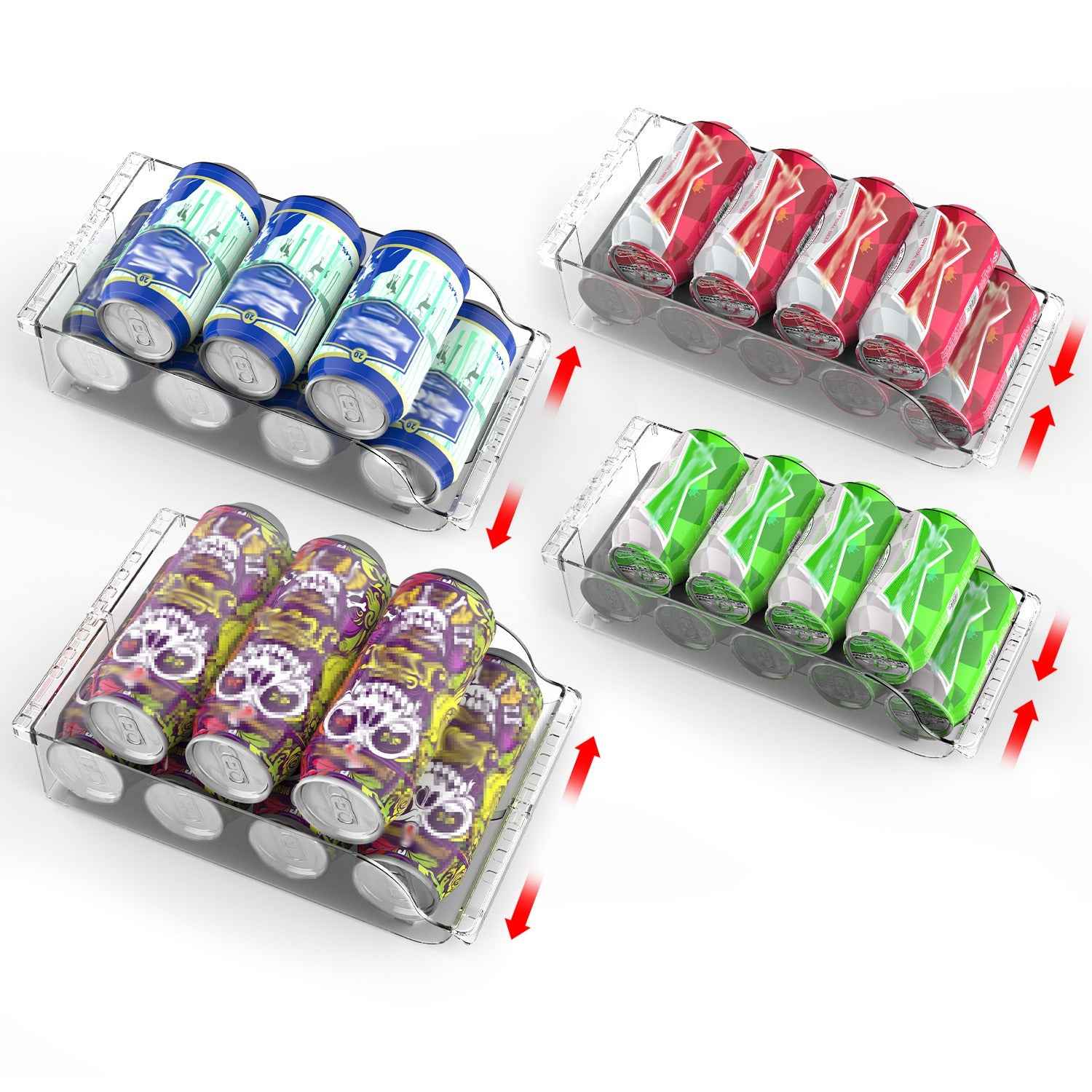 Adjustable 4-Pack Clear Soda Can Organizer – Fridge & Pantry Drink Dispenser