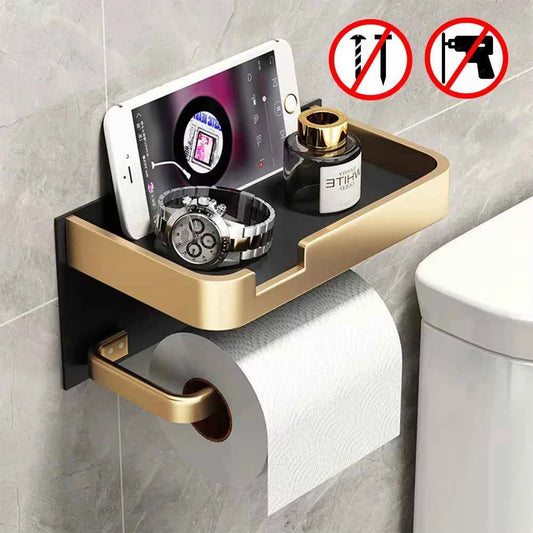 Toilet Paper Holder With Shelf   No Drill Aluminum Roll Dispenser   Tissue Hanger Bathroom Accessories