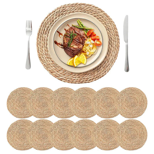 Woven Placemats Set | Round Boho Rattan Table Mat (4/8/12 Pcs) | 12 Inch Farmhouse Straw Braided - Homeyviz Home & Decor