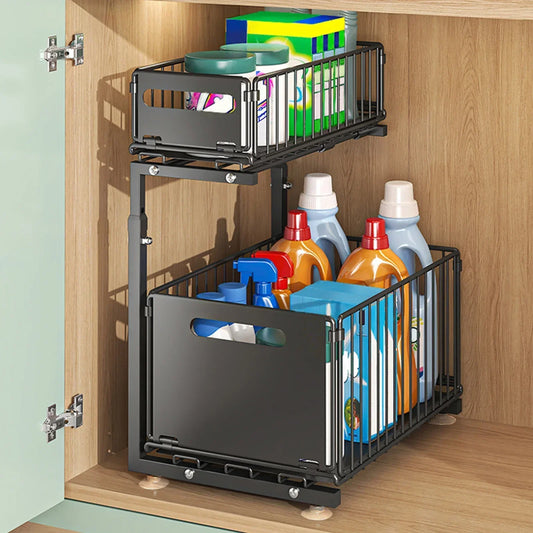 Under Sink Organizer | 2-Tier Pull-Out Sliding Cabinet Storage Basket | Adjustable Kitchen Storage Rack - Homeyviz Home & Decor