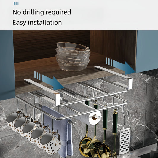 Kitchen Storage Rack | 1PC Stainless Steel Hanging Organizer with Hooks, Paper Towel & Utensils Holder - Homeyviz Home & Decor