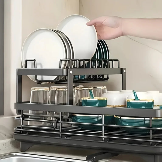 Dish Drainer | Double-Tier Extendable Dish Rack & Draining Board | Large Capacity Utensil Rack for Kitchen Worktops - Homeyviz Home & Decor