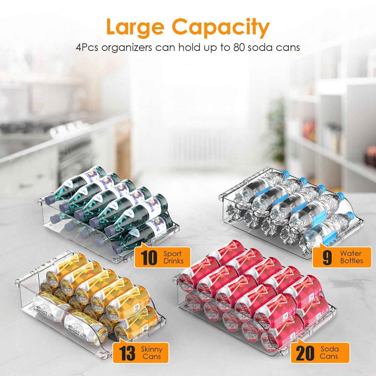 Adjustable 4-Pack Clear Soda Can Organizer – Fridge & Pantry Drink Dispenser